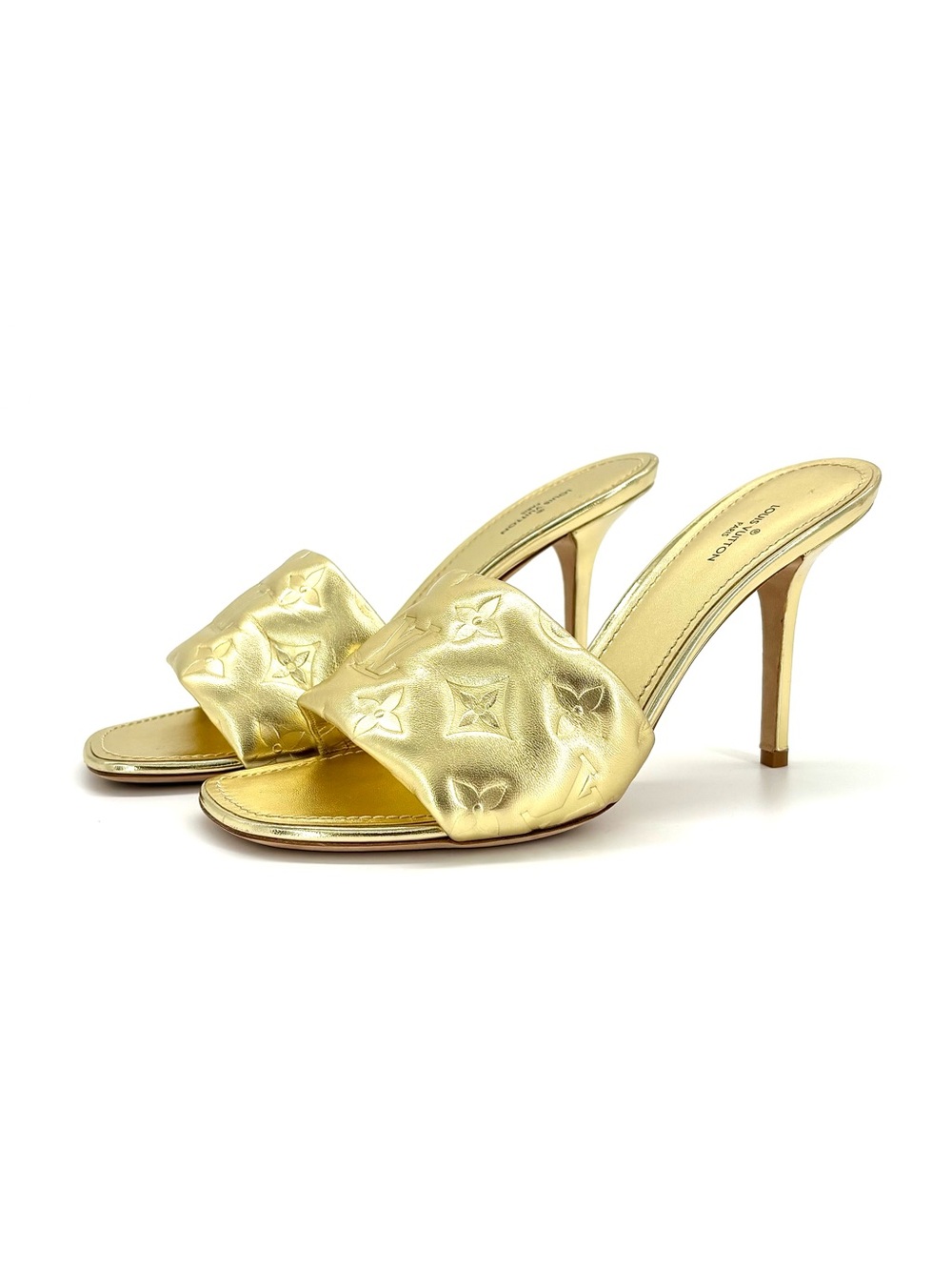 Louis Vuitton Revival Monogram Emboss Gold Leather Heeled Mules Sandals 38.5